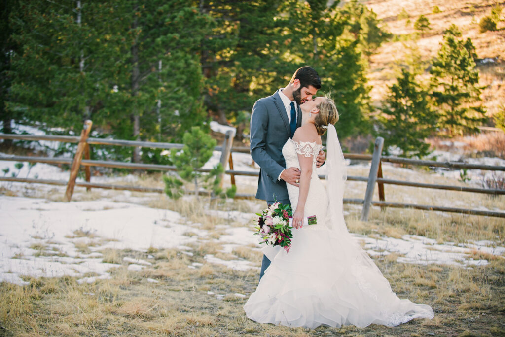 Bride and Groom kissing portrait, Estes park, Colorado