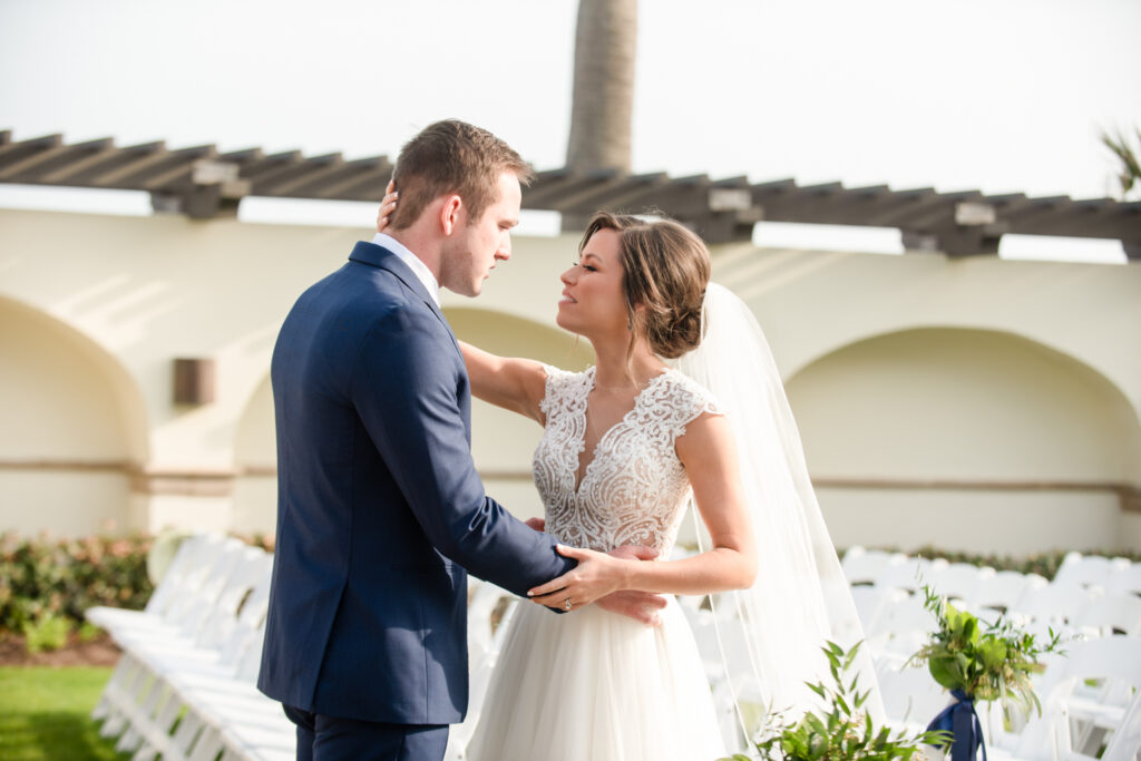 Bride and groom, first look at Grand Galvez hotel, galveston TX